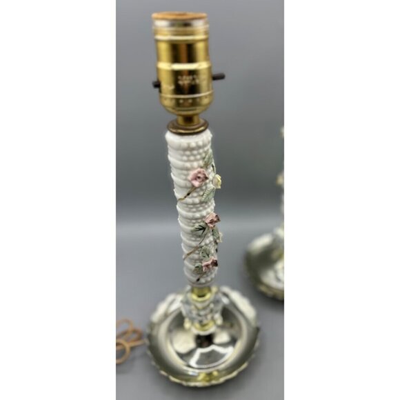 Vtg Table Lamp Set Floral Porcelain Leaded Crystal Table Electric - Picture 6 of 8